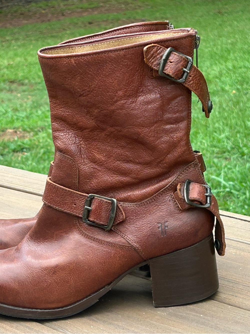 Frye Cognac Brown Leather Mid-Calf Buckle Heeled Boots